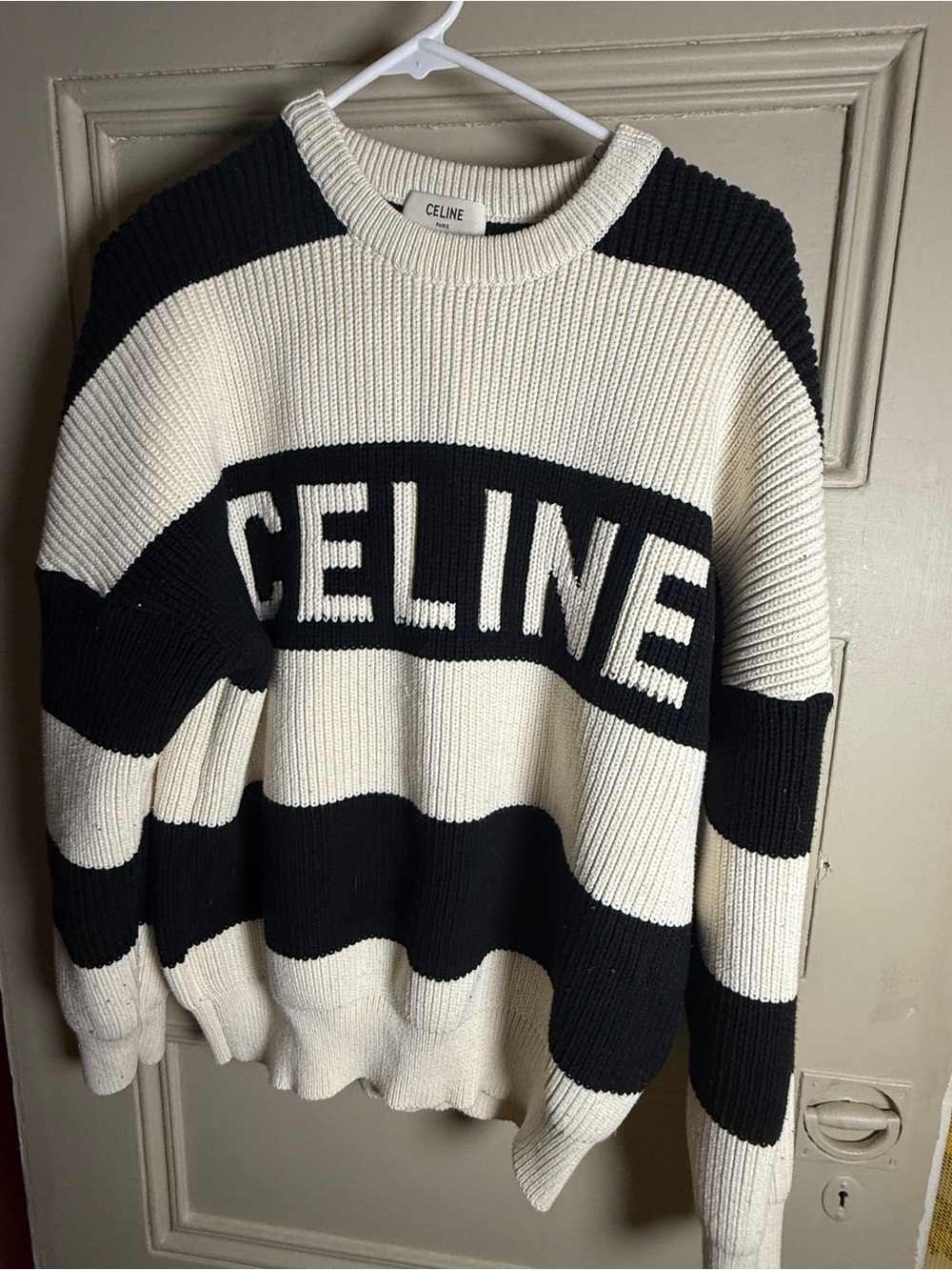 Celine Black and Cream Striped Logo Knit Sweater - Picture 5 of 5